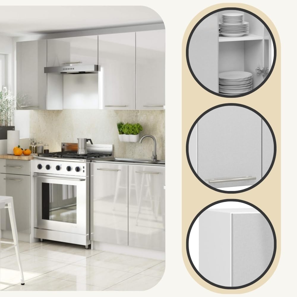 AKORD - Armario de cocina colgante Oliwia W60 | Mueble con 2 puertas y 2 estantes | Armario de almacenamiento | 60x30x72 cm | Blanco | Metallic Brillante