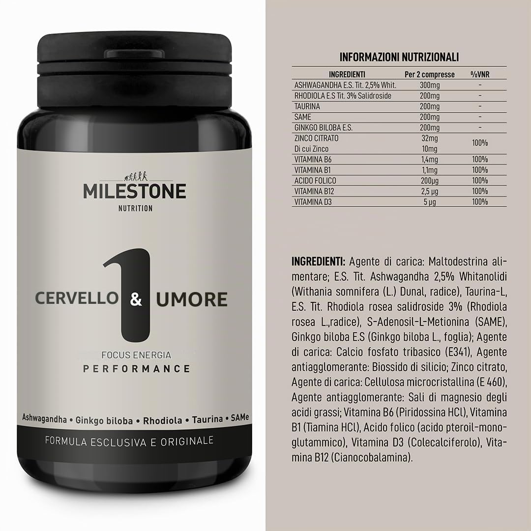 Brain & Mood Integratore Nootropico Naturale | Integratori Energetici Memoria e Concentrazione | Ashwagandha, Ginkgo Biloba e Rodiola Rosea | Integratore Cervello | Multivitaminico | 60 Compresse