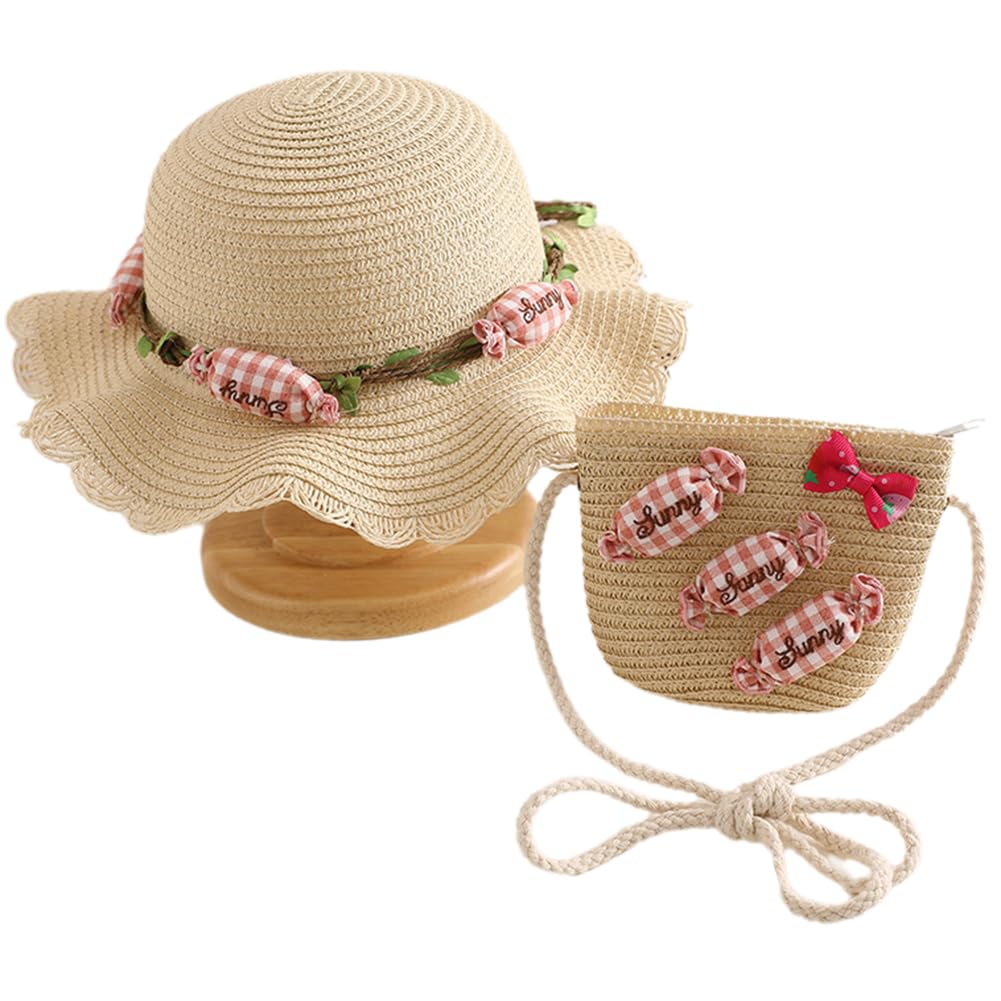 YCFAIIKG Sombrero de Paja y Bolso de Verano para Niña,Gorra de Sol Bolso Pequeño para Niñas,Mini Sombreros de Playa con Dulces Decoración,Suministros para Niños Viaje Piscinac al Aire Libre (Beige)