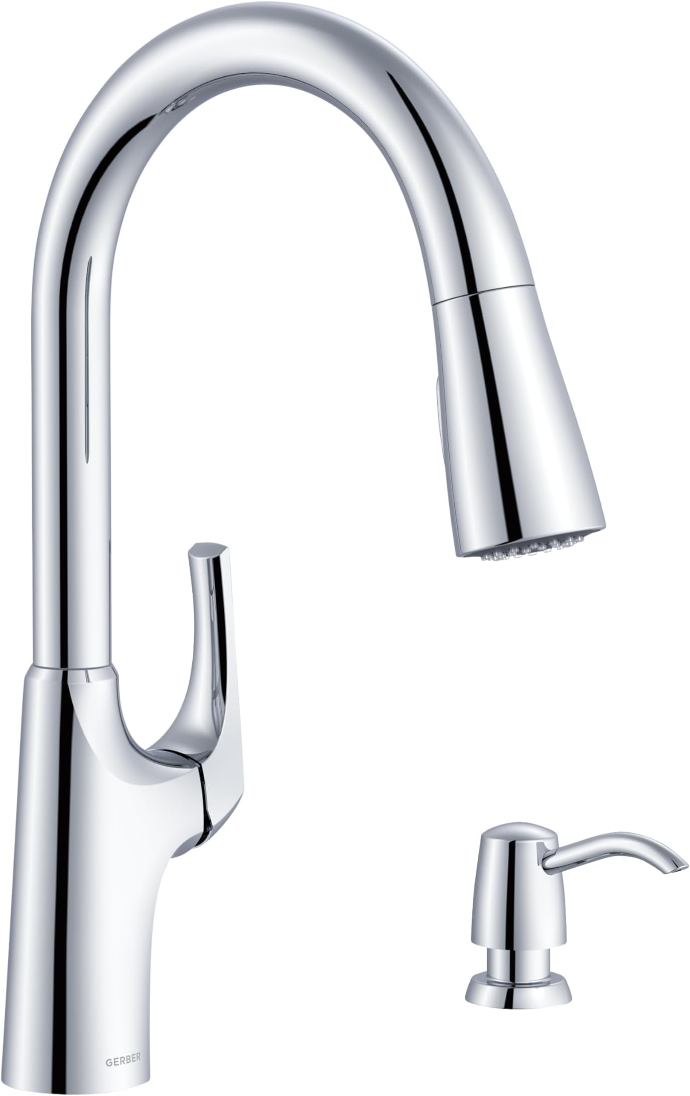 Gerber Pilsen Single Handle Chrome Kitchen Sink Faucet with Pull-Down Sprayer – Modern Transitional Design, High Arc, Easy 1-Hole Installation in Chrome, GR459093