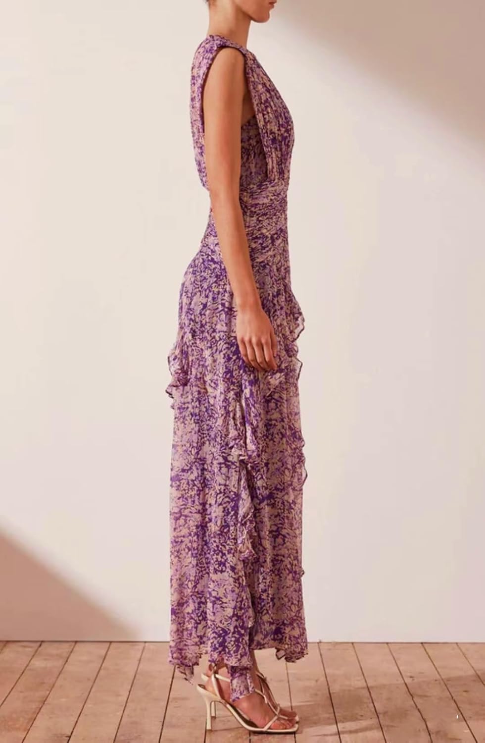 size L ...Catalpalev Ladies Temperament Chiffon Printed Round Neck Sleeveless Waist Long Dress Valentine's Day Date Prom Dresses