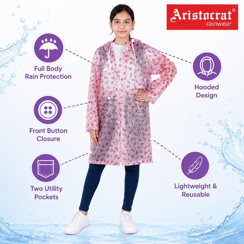 Image of Aristocrat Kids Humpty Dumpty Waterproof Raincoat with Hood | Knee Length Rainwear for Boys & Girls | Regular Fit Rain Jacket with Two Front Pockets | All-Weather Protection Rainwear
