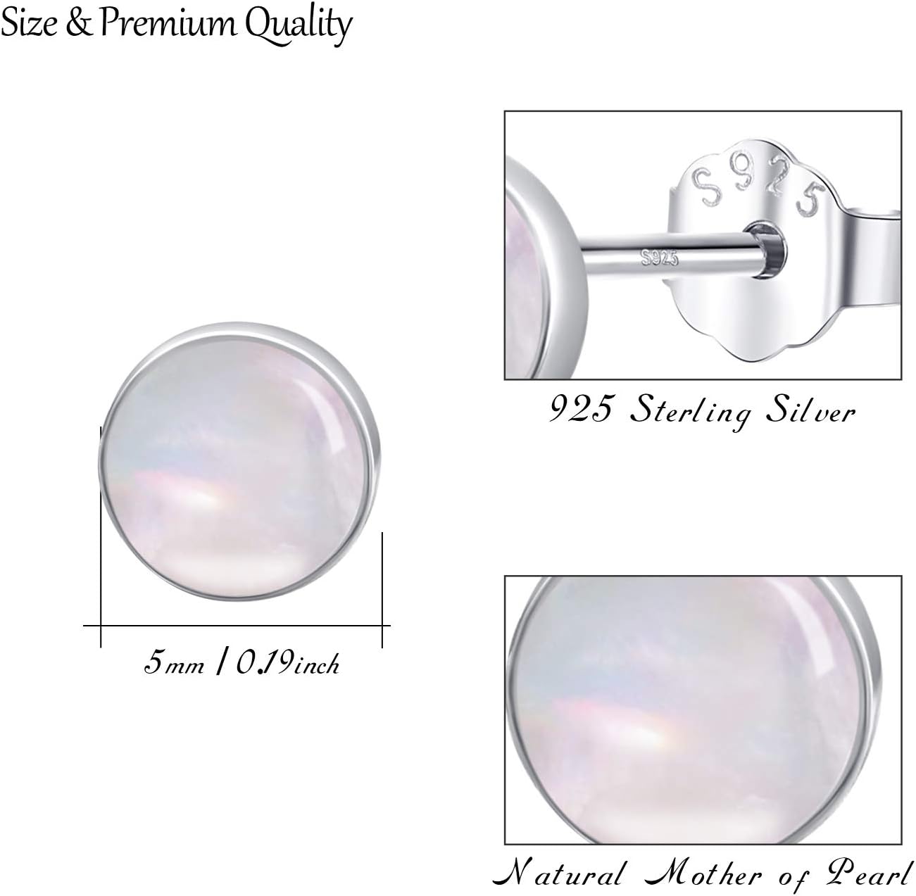 925 Sterling Silver Mother of Pearl Round Shape 5MM Tiny Studs Earrings, Hypoallergenic for Sensitive Ears, Pearl Jewelry Mother Day Gift for Women Girlfriend with Gift Box - Image 5