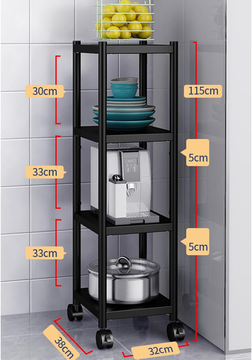 YXSNG] スチールラック 業務用 ブラック キャスター付き スリム 4段
