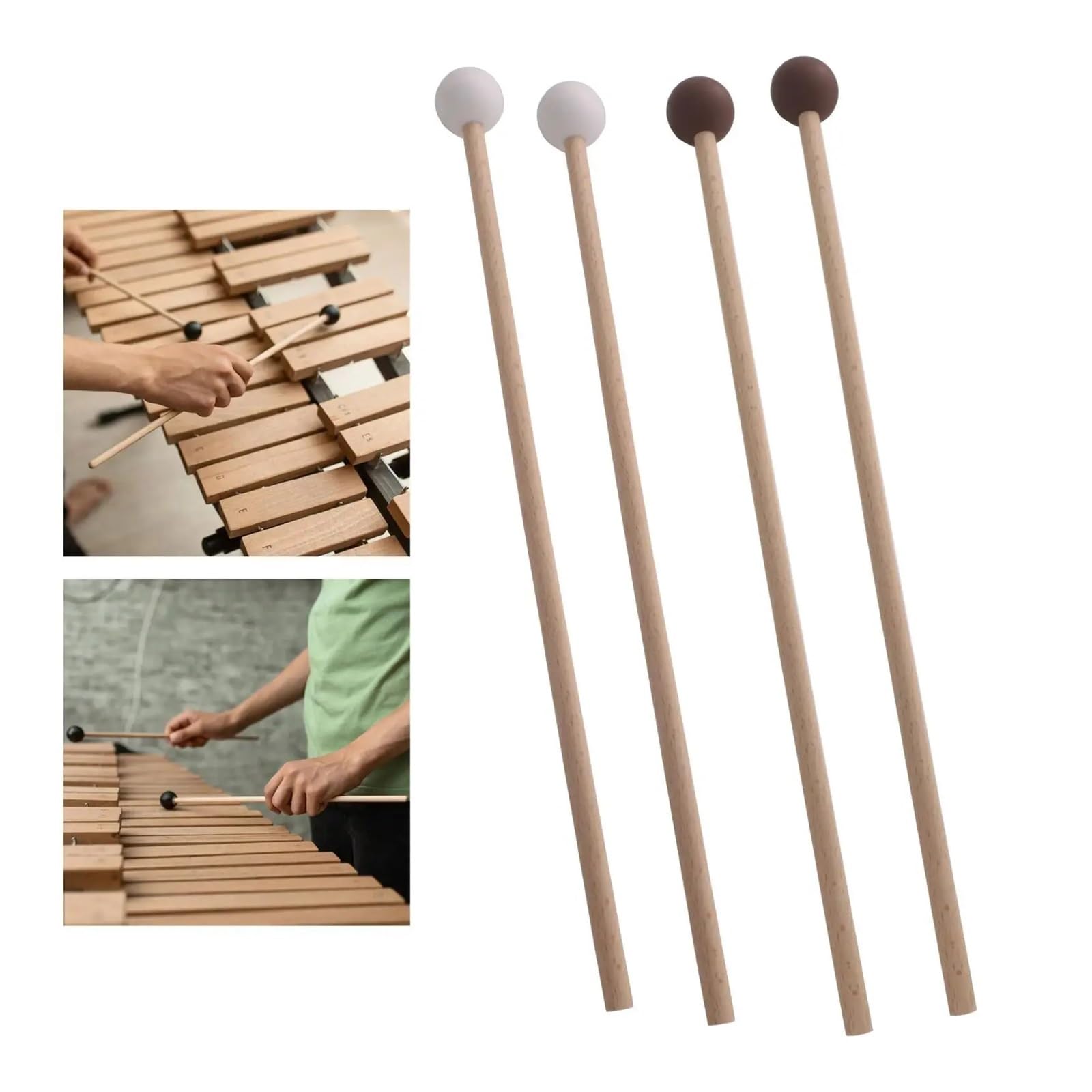 Marimba Mallets Palos de percusión martillo Marimba, mazos madera, mazo xilófono for rendimiento bloque, campana escenario, 2 uds(White)