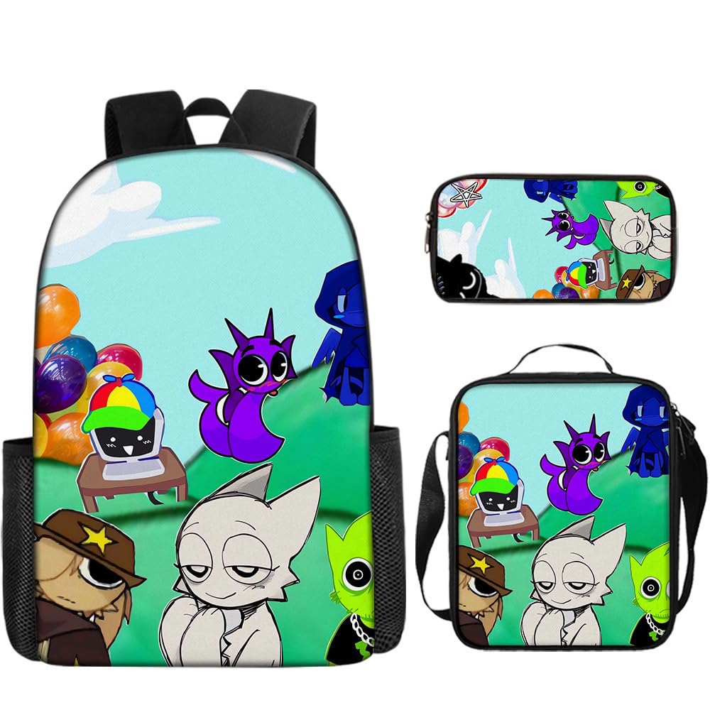 Hzsyc Boys D Sprunki Backpack Anime Large Capacity Shoulder Backpack 3Pcs Set For Outdoor Travel (,3Pcs)