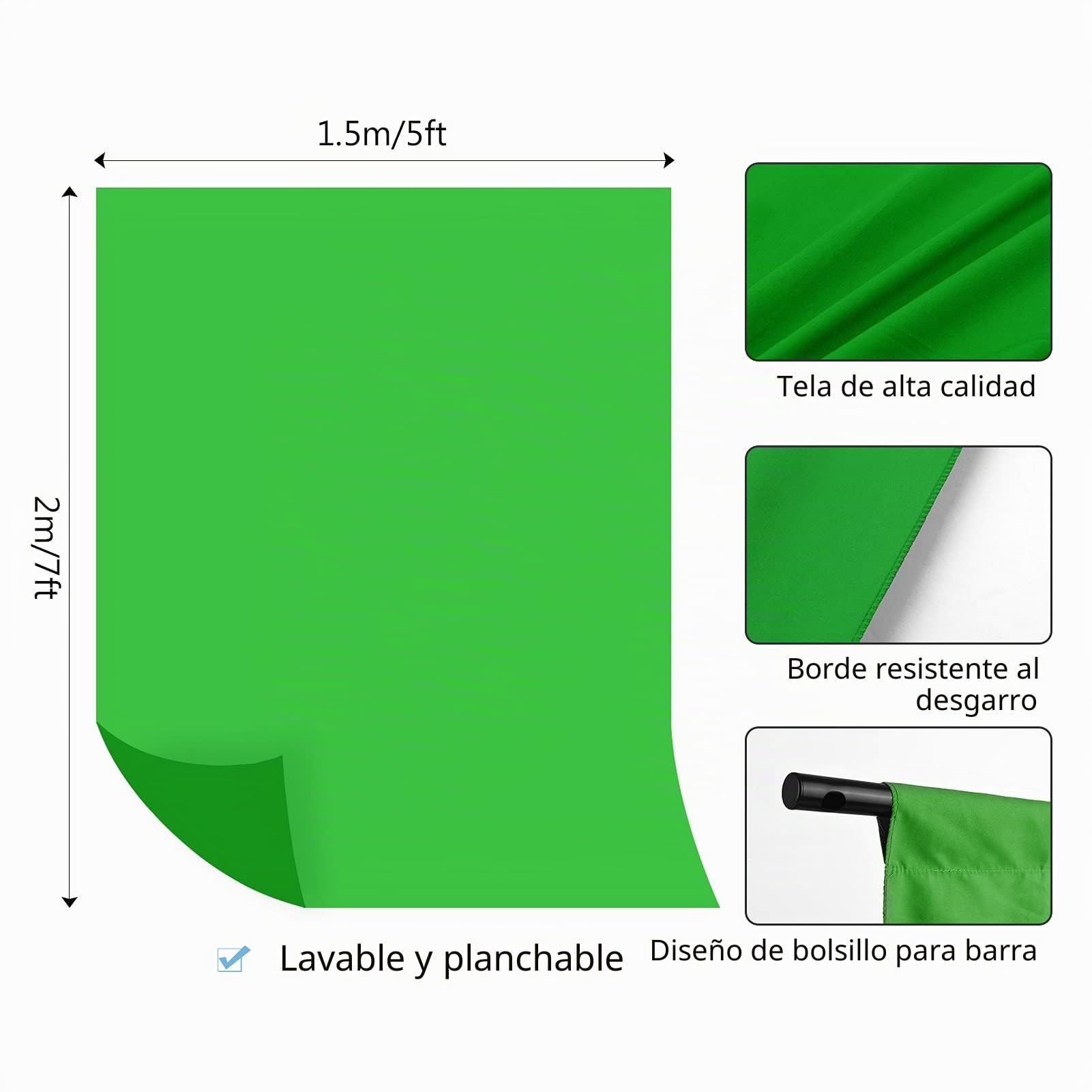 Kit Andoer de Fotografía 5 x 7 pies Fondo Verde con Soporte Ajustable y 5 Abrazaderas de Resorte
