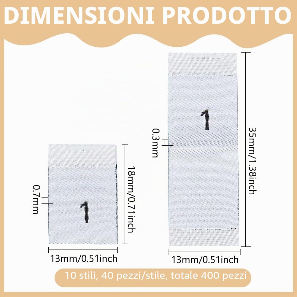 BENECREAT 400 etichette in poliestere per vestiti, 10 stili, colore bianco, accessori per abbigliamento, etichette da cucito per abiti, tute, camicie, camicette o tovaglioli, numeri da 1 a 10