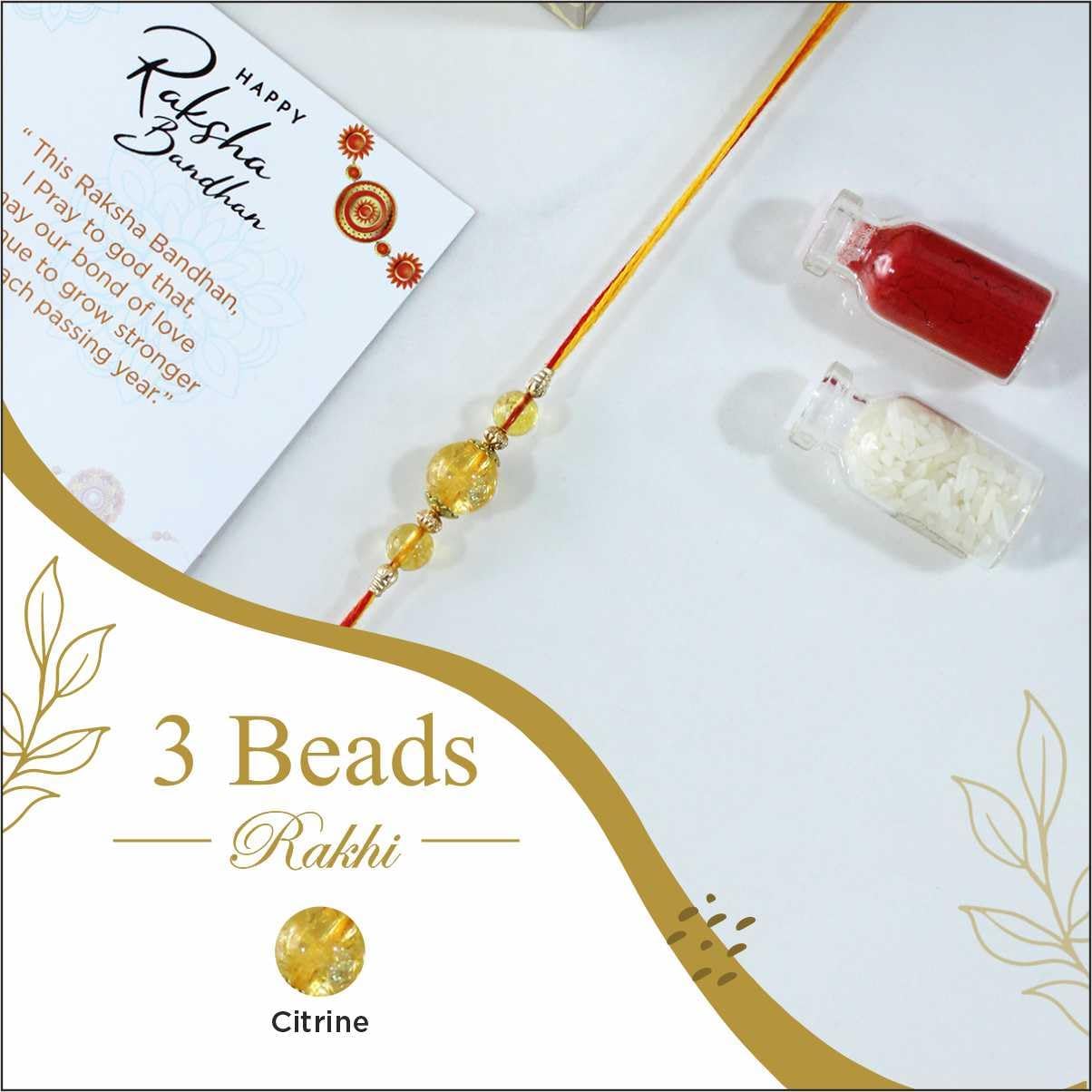 Citrine 3 Beads Rakhi for Brother | Handmade Dori Rakhis for Raksha Bandhan with Roli Chawal Bottle | Spiritual Rakshabandhan Gift for Brother | Natural Crystal Rakhi set for Brothers (Pack of 2) 3