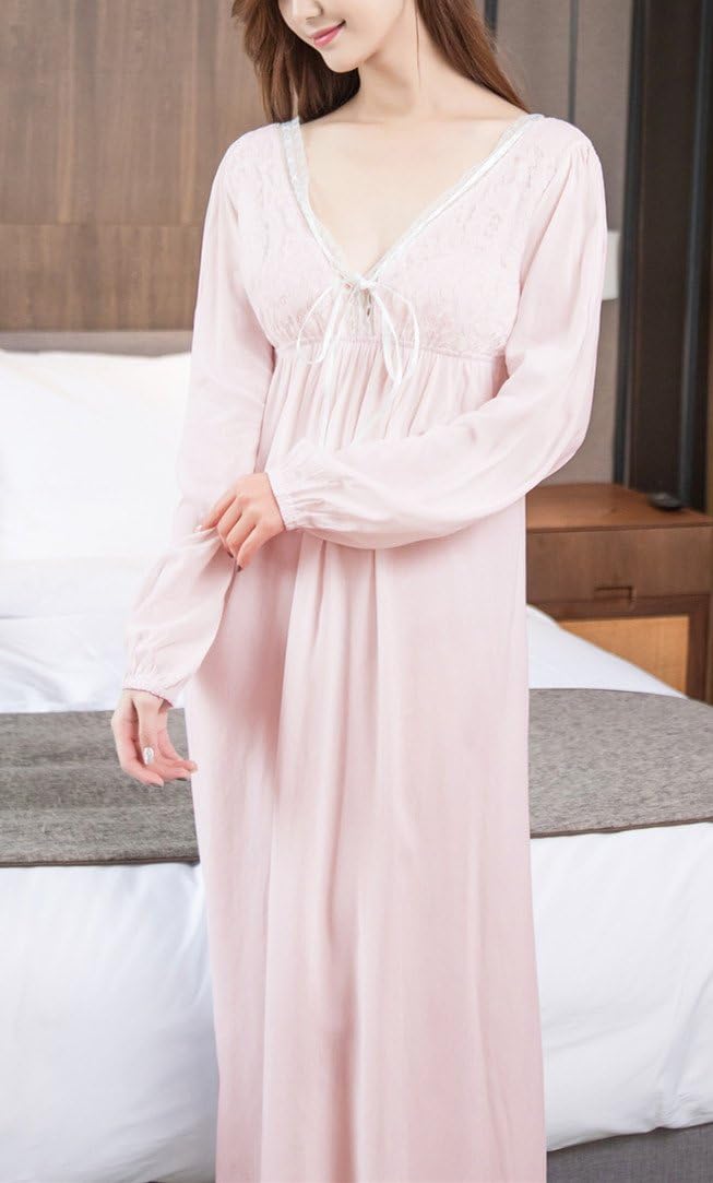 Women's Long Short Sleeve Vintage Lace V Neck Nightgown Cotton Sleepwear - Image 2