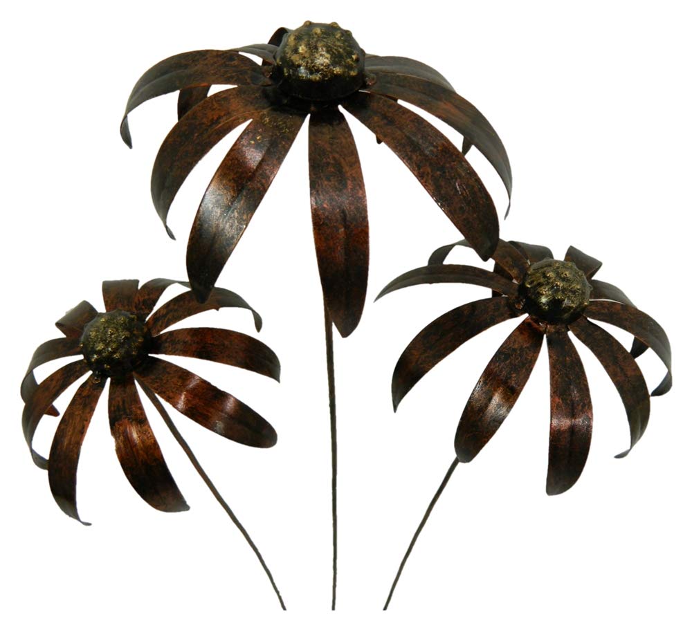 Metal Daisy Flower Garden Ornament Set of 3 Echinacea on 100cm stick - Bronze