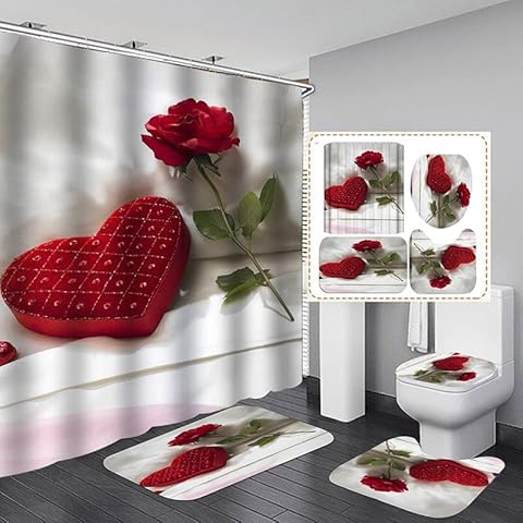 Valentine's Day Shower Curtain Sets 4 Pcs Non-Slip Bathroom Rugs/Lid Toilet Cover/Pedestal Rug/Shower Curtain with 12 Hooks, Waterproof Bathroom Set Decor for Home Hotel Party Decoration Cover