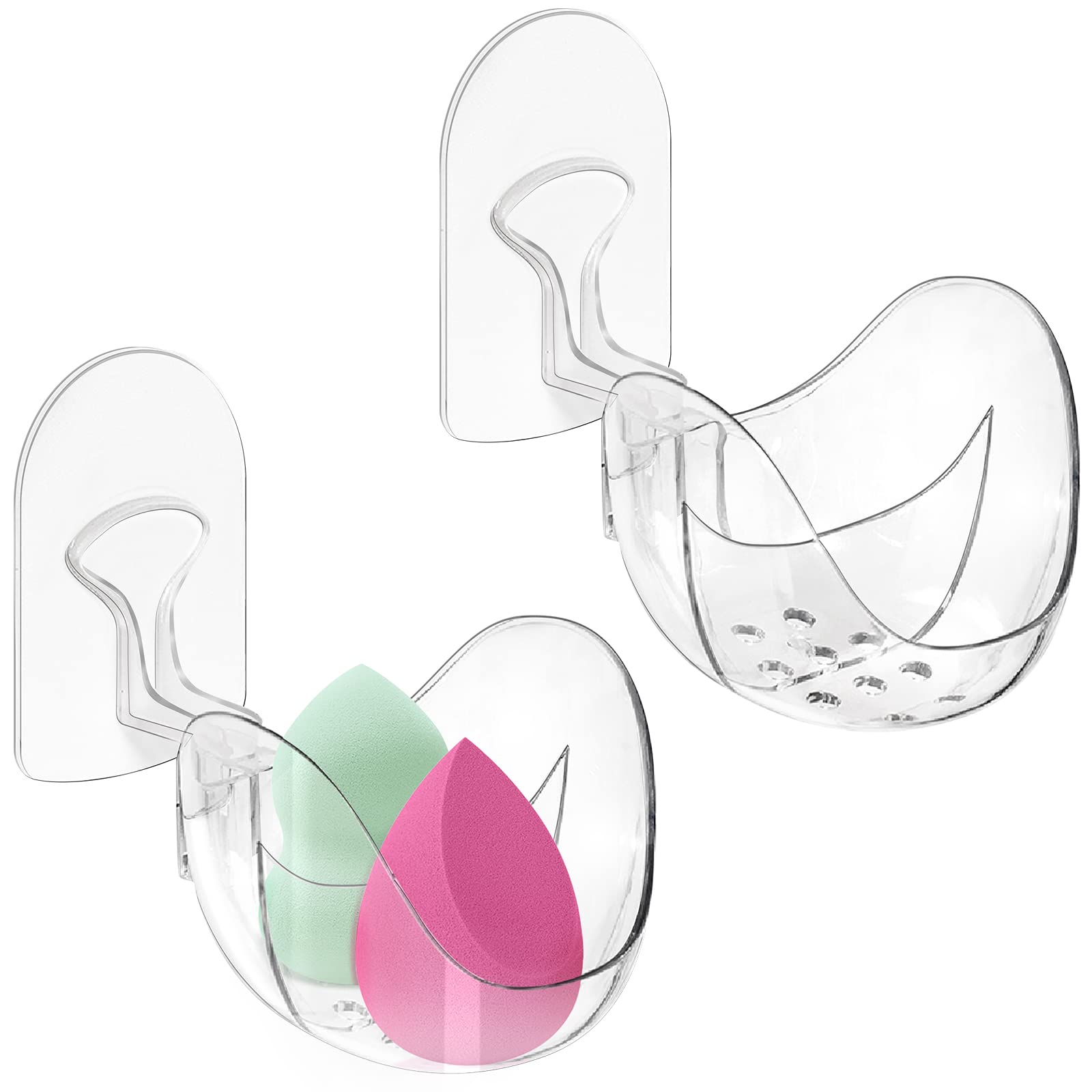 Lunmore Makeup Sponge Holder with 2 Compartments, Beauty Egg Drying Rack, Wall Mounted Organizer Storage for Bathroom, Kitchen, Living Room (2 Pack, Transparent)