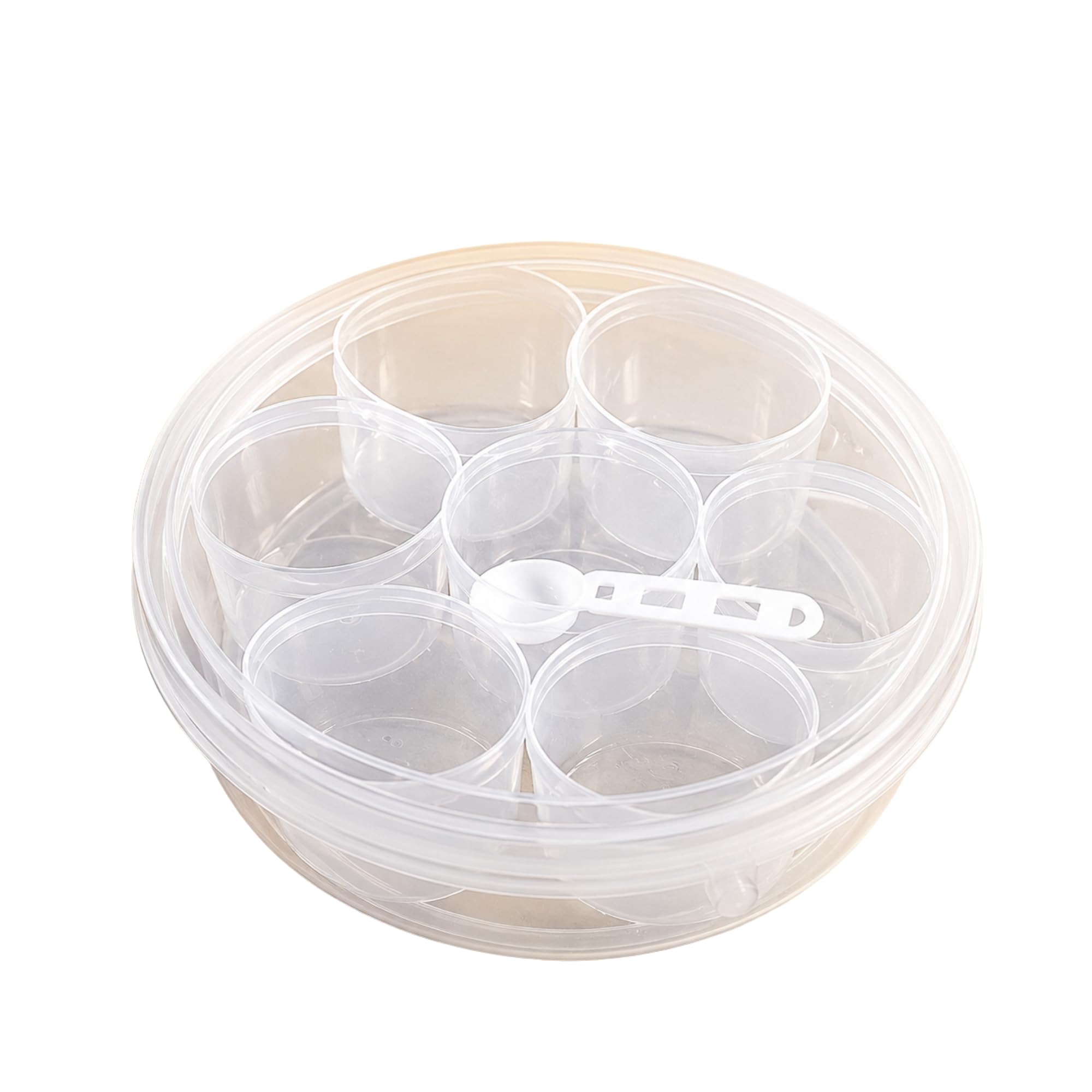 Bargain House Transparent Round Spices Box With See Through 7 Compartment And Spoon, Airtight Lid Plastic Masala Box Authentic Curry Cooking Spice Tiffin Tin Kitchen Masala Container Storage Set