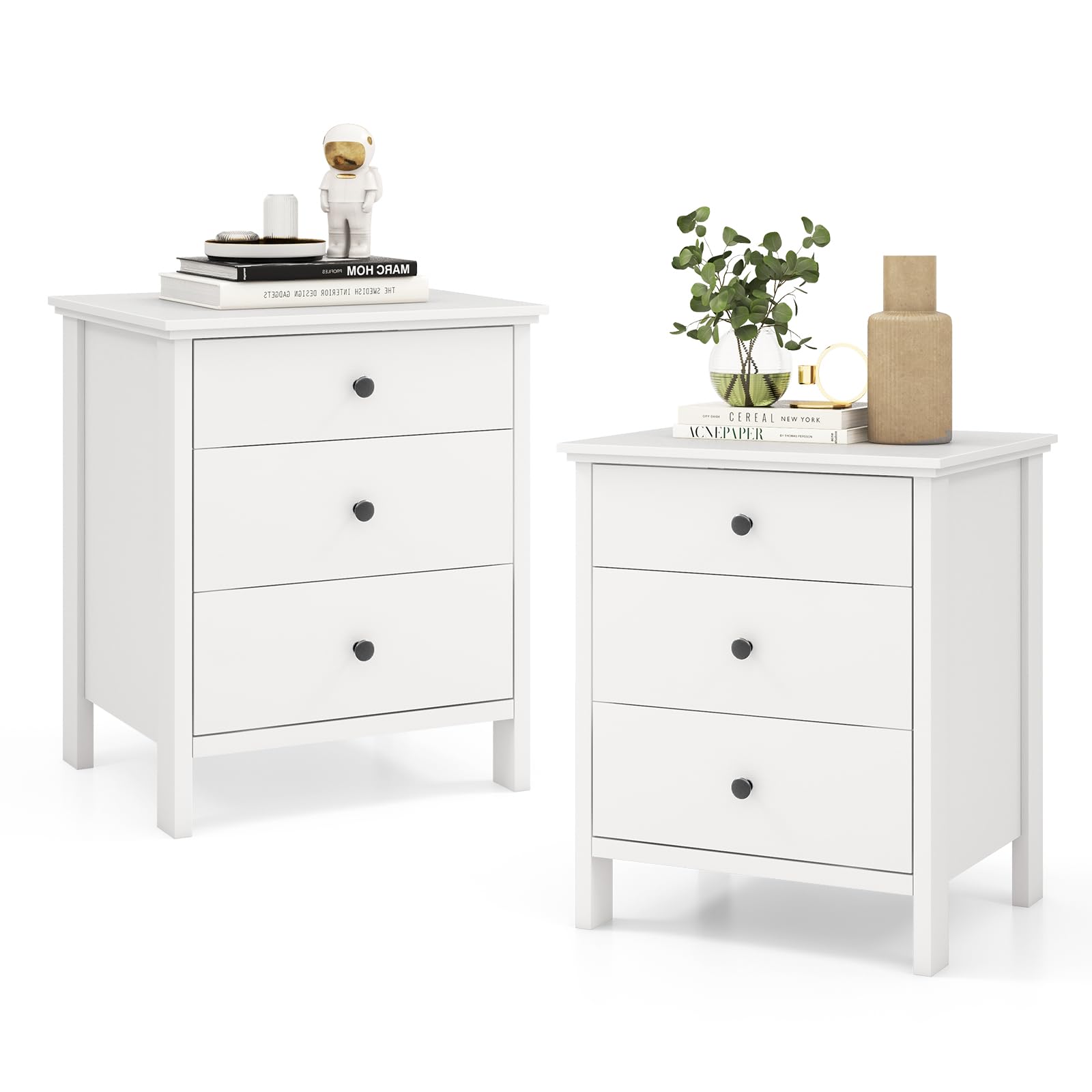 Giantex Nightstand with 3 Drawers Set of 2, Wooden Side End Table with Solid Wood Legs, Retro 3-Drawer Bedside Table Night Stand for Bedroom Home Office Small Space, Easy Assembly, White