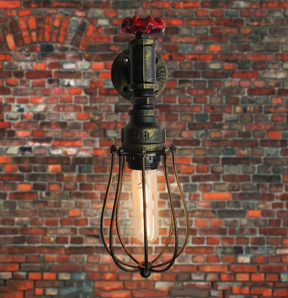 con válvula Lámpara de Jaula de Bronce Pantalla Fuentes de luz Edison Tubería de Agua Vintage rústica Aplique de Pared de Larga duración Steampunk Retro Lámpara de Pared para Sala de Estar Pasillo