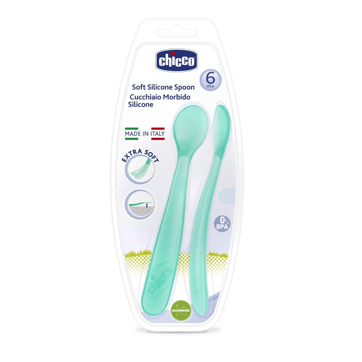 Chicco Cuchara Silicona Bebé, Set de 2 Cucharas Blandas para Bebés y Niños, Suaves y Flexibles con Mango Largo Curvo Ergonómico – Cuchara para Bebé Aprendizaje +6 Meses, 2 Piezas, Azul Claro