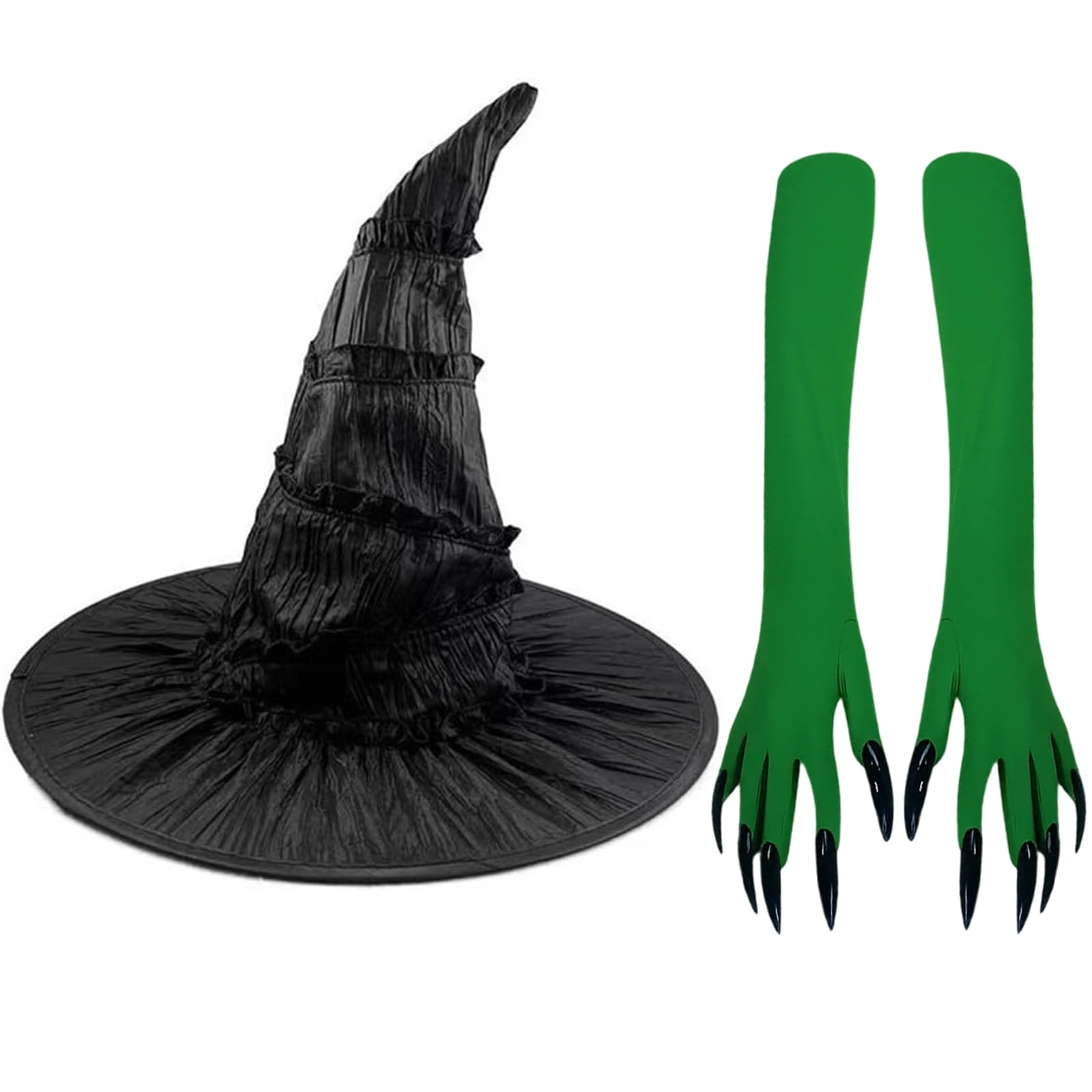 2 Pcs Halloween Witch Costume Accessories,Black Witchy Hat Green Gloves