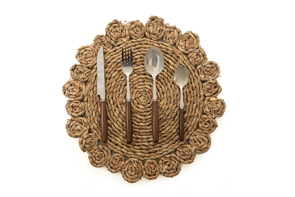Ménagère de table 24 pièces avec couverts aspect bois et argent