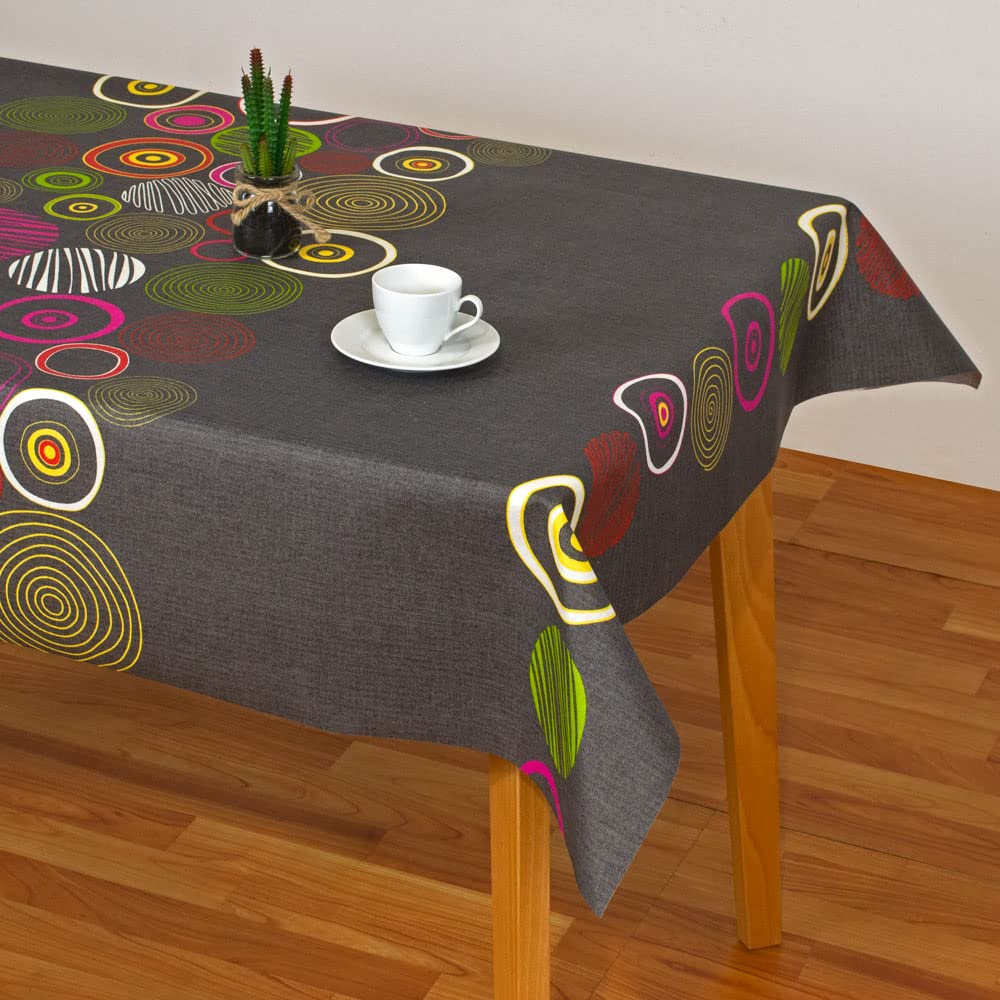 Mantel Tela Resinada Antimanchas Estampado Círculos Colores Rosa, Rojo, Amarillo y Blanco sobre Fondo Gris (140_x_350_cm)