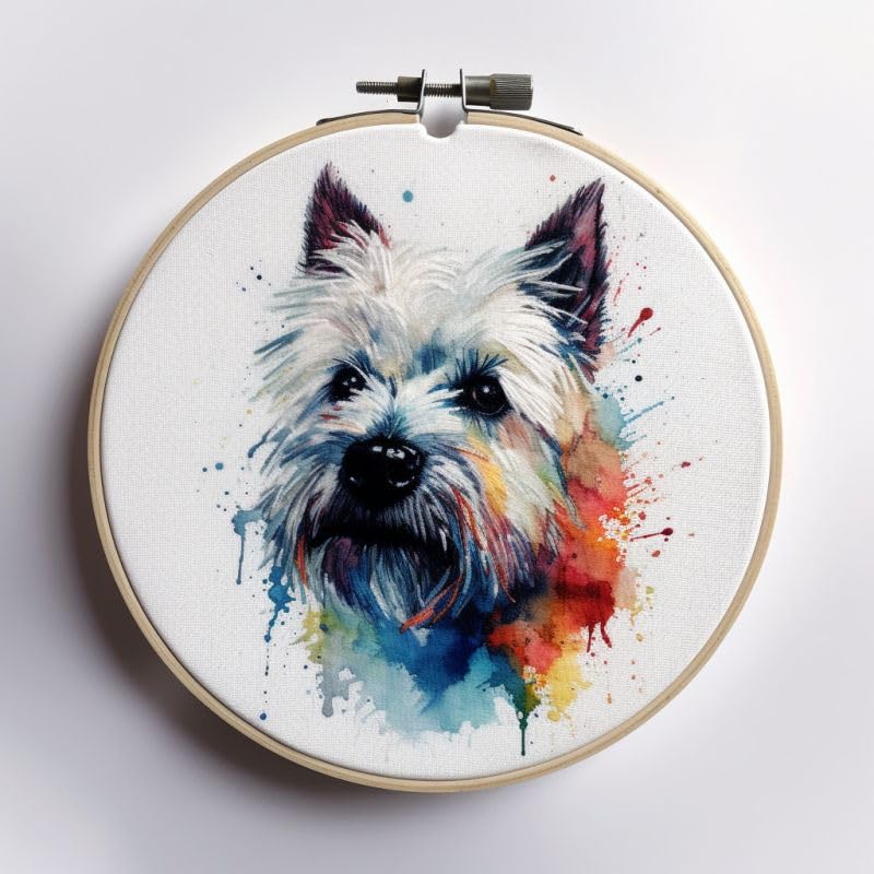 Watercolor Westie 11ct Counted Cross Stitch Stamped Pre Printed Cross Stitch Embroidery Kits for Adults Starter DIY Embroidery Needlework Kit with Hoop 35×35cm(D125)