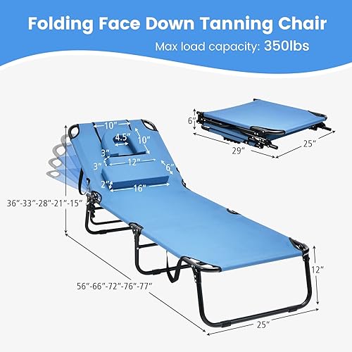 Miniatura 12 de Tangkula Sillón de playa, reclinable plegable para tomar el sol con agujero frontal, silla de bronceado boca abajo con respaldo ajustable de 5