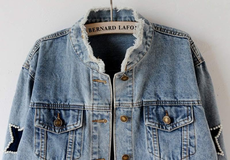 Kedera Women Pearls Beading Denim Jacket Long Sleeve Button Down Distressed Ripped Jean Coat - Image 4