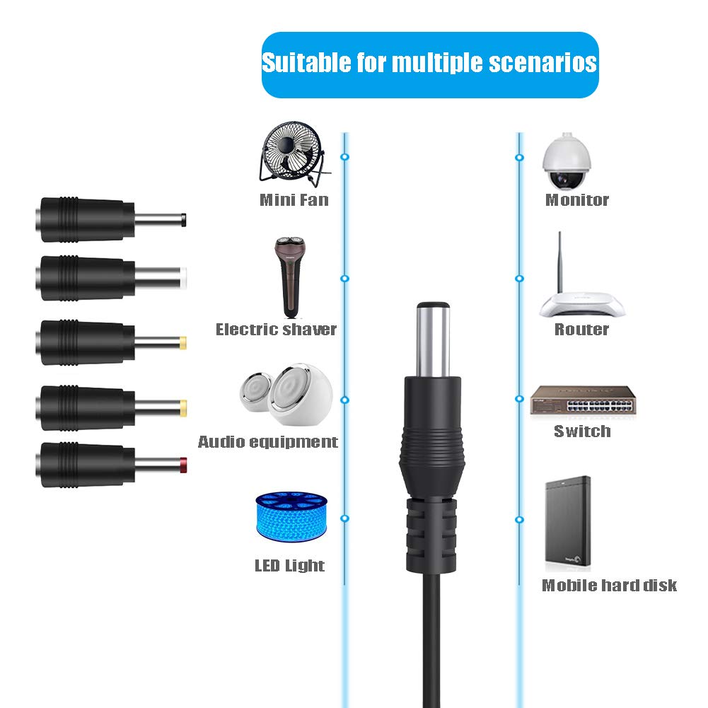 USB to DC Cable, Ancable 1M USB 2.0 A Male to DC 5.5 x 2.1mm Plug Charging Cord Adapter with 2.5x0.7mm, 3.5x1.35mm, 4.0x1.7mm, 5.5x2.5mm, 3.0x1.0mm Connectors