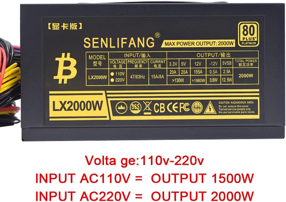 2000W Mining PC Power Supply Bitcoin Miner Power, ATX PSU Supports 8 Video Card for ETH BTC ETC,110V-220V with Fan Mining Gear Supply