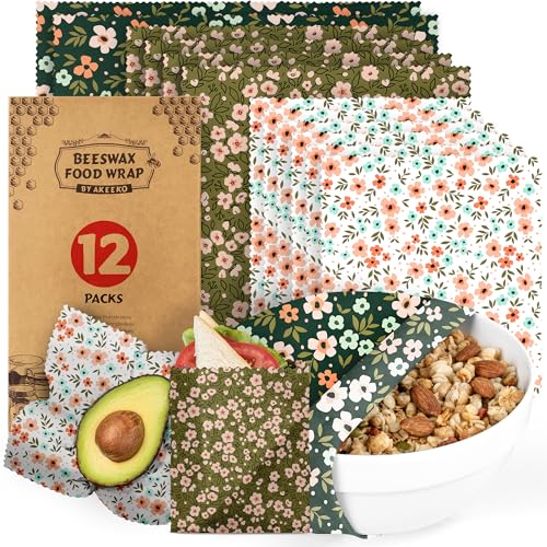 Akeeko Reusable Beeswax Food Wraps - Assorted 12 Pack, Reusable, Plastic-Free Food Storage, Sustainable Gifts, 3 Sizes (6S,4M,2L)