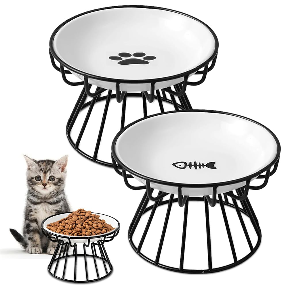 2 ciotole rialzate per gatti, in ceramica, con supporto in metallo, con base in silicone