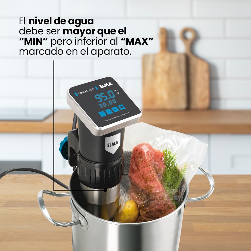 ELMA Termocirculador para Cocinar a Baja Temperatura Alimentos Envasados al Vacío | Modelo Cooker Clip Sous Vide 1200W, Inmersión a Prueba de Agua IPX7 | 9,2 x 16,1 x 33,0 cm