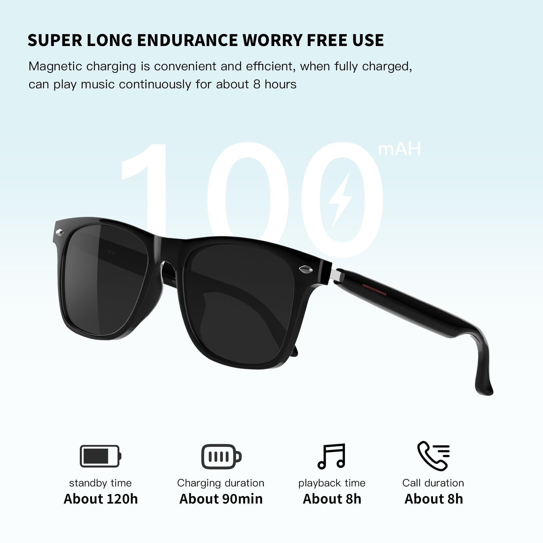 Lunettes intelligentes, lunettes de soleil Bluetooth, lunettes intelligentes améliorées pour homme/femme, haut-parleur ouvert, compatible avec assistant vocal, appels mains libres