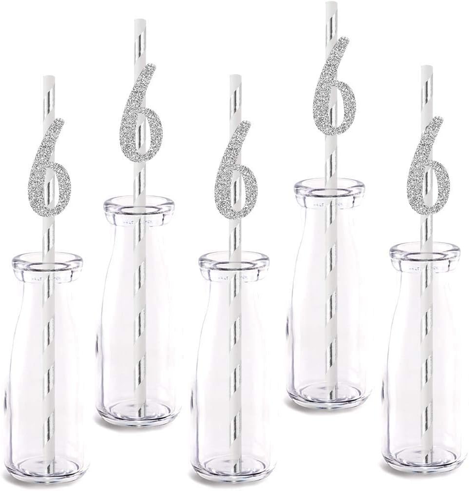 Silver Happy 6th Birthday Straw Decor, Silver Glitter 24pcs Cut-Out Number 6 Party Drinking Decorative Straws, Supplies