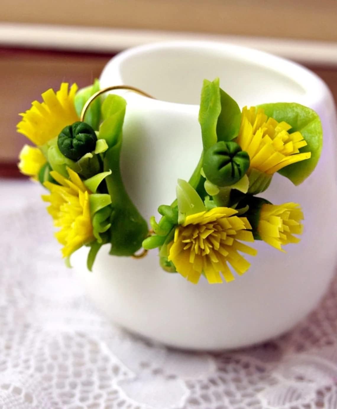 Yellow dandelion earrings handmade nature floral jewelry, unique flower earrings botanical - Image 2