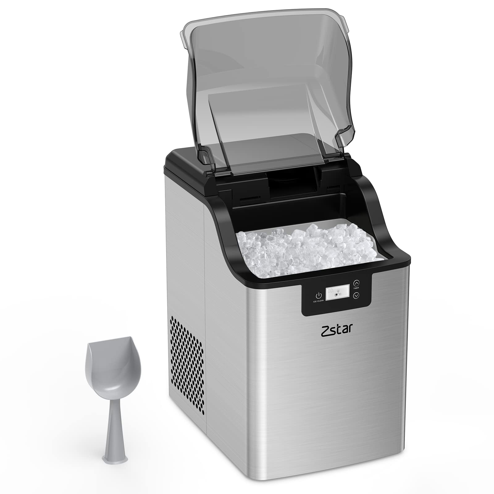 Zstar Nugget Ice Maker, Stainless Steel Countertop Machine with 44 Lbs/24H Output, Crunchy Sonic Maker Machine, Self-Cleaning Portable Freestanding Scoop for Home, Office, Gray (HZB-20BN)