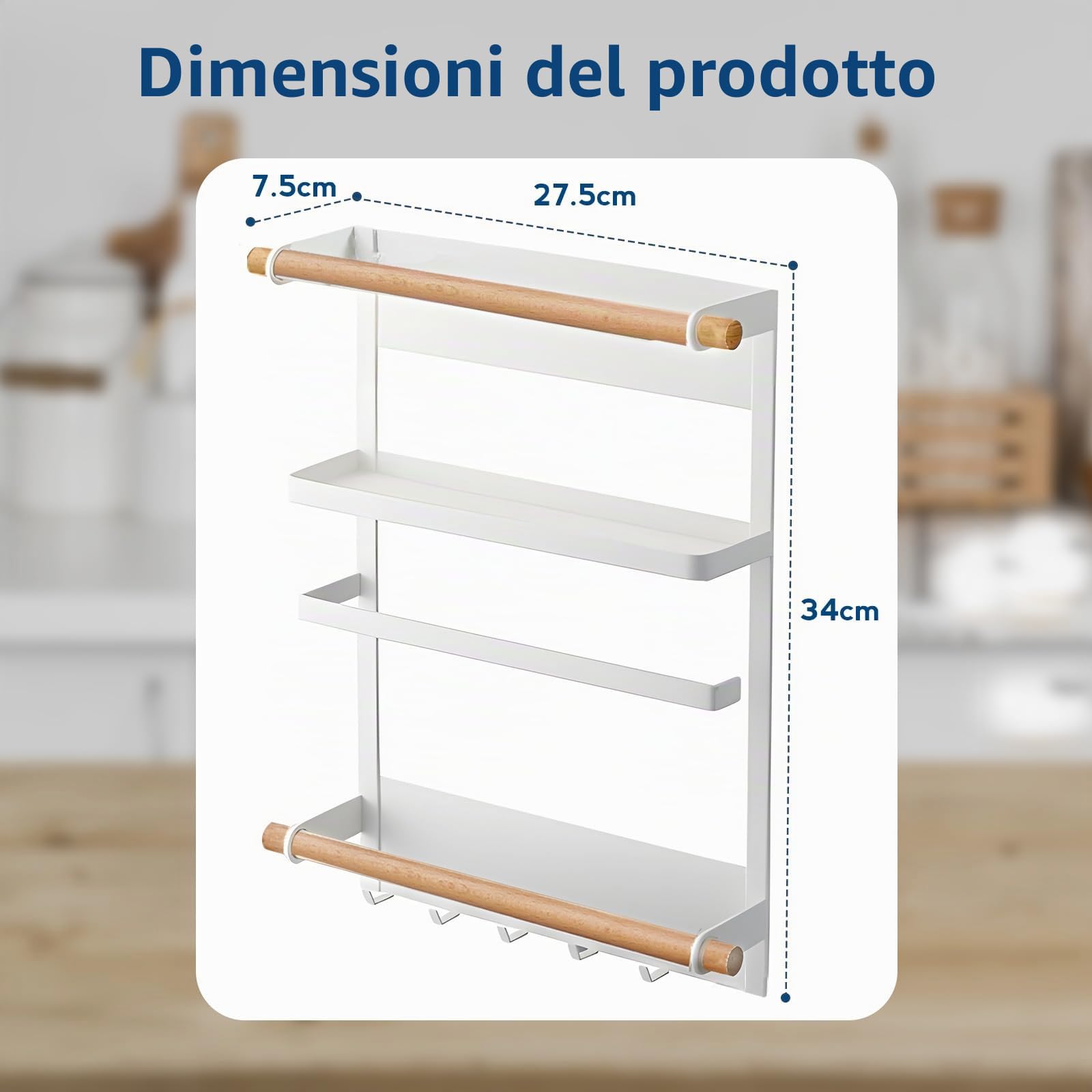 Mensola Magnetica Porta Spezie per Frigorifero – Organizer da Cucina a 3 Ripiani con 6 Ganci, Design in Legno – Scaffale per Spezie, Asciugamani, Barattoli e Carta da Cucina