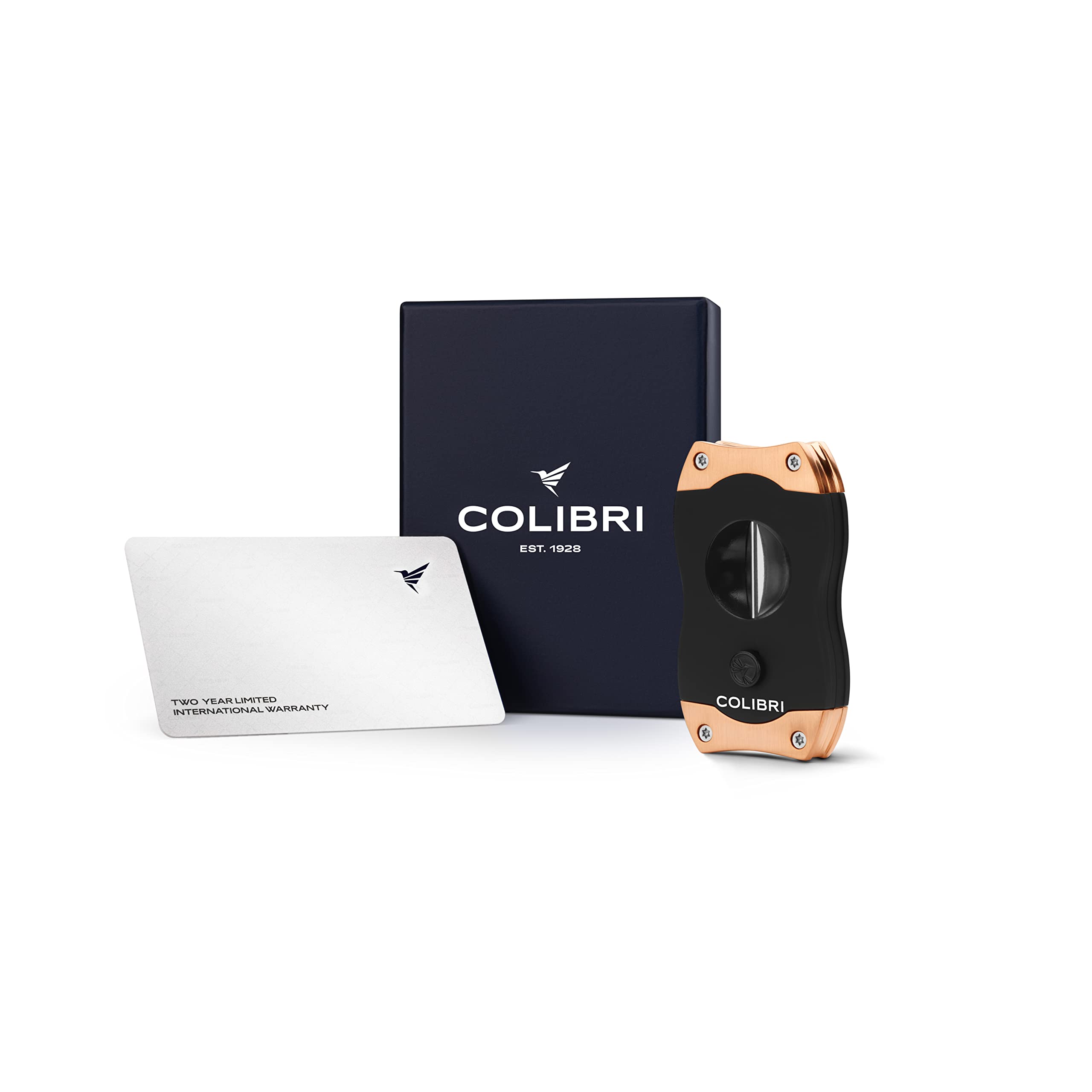 Colibri-Cortapuros negro con detalles en oro rosado satinados en acero inoxidable-guillotina resorte-Cigarros de hasta diámetro 2,38cm-Corte en V profundo 7mm-Con estuche de regalo.Colibri desde 1928