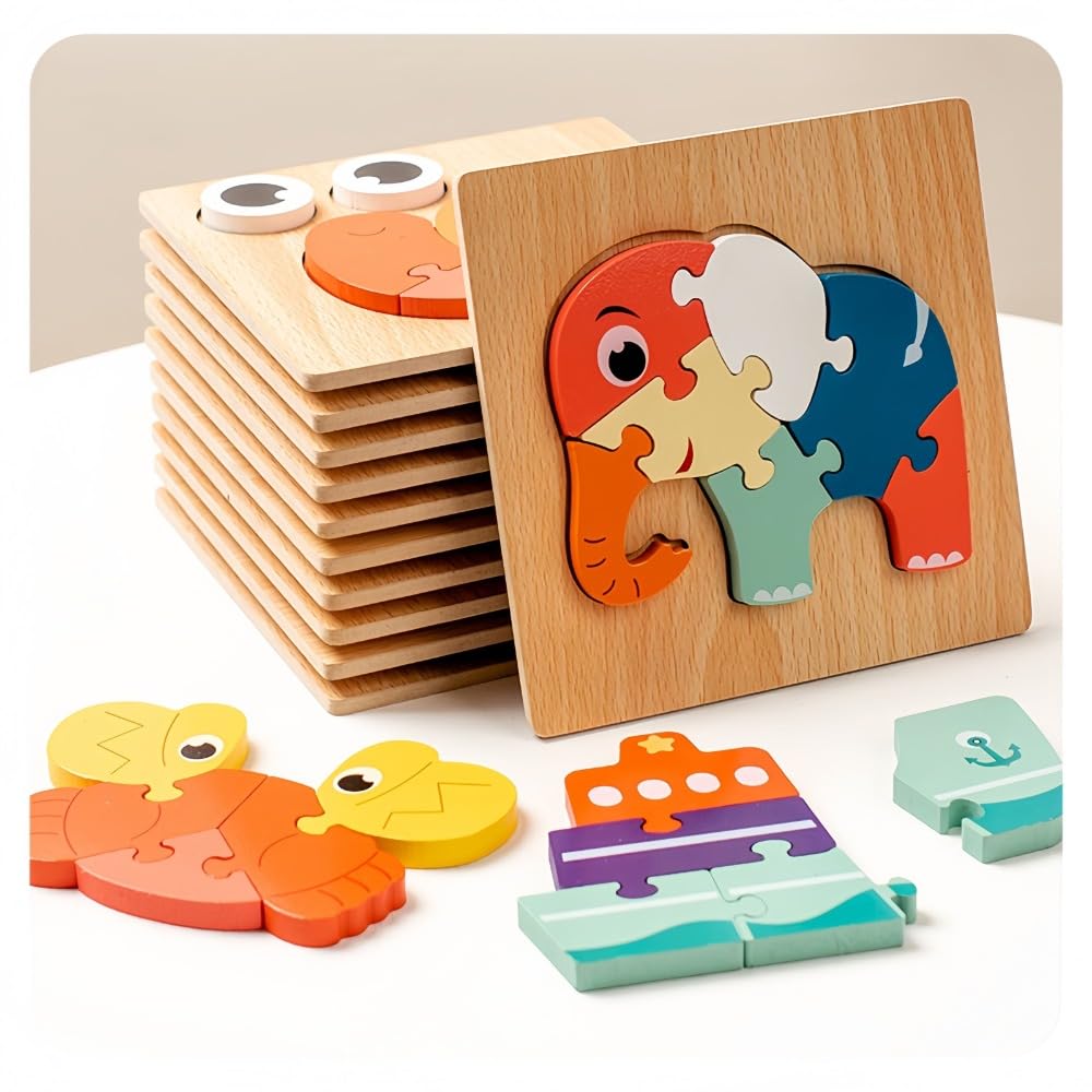 Geniusaur Jigsaw Puzzle for Toddlers, 5 Pack Animals Shape wooden puzzle for Kids Preschool Learning Educational Puzzles 1 2 3 4 Years, Best Toy Gift for Boys and Girls, Montessori Children Puzzle