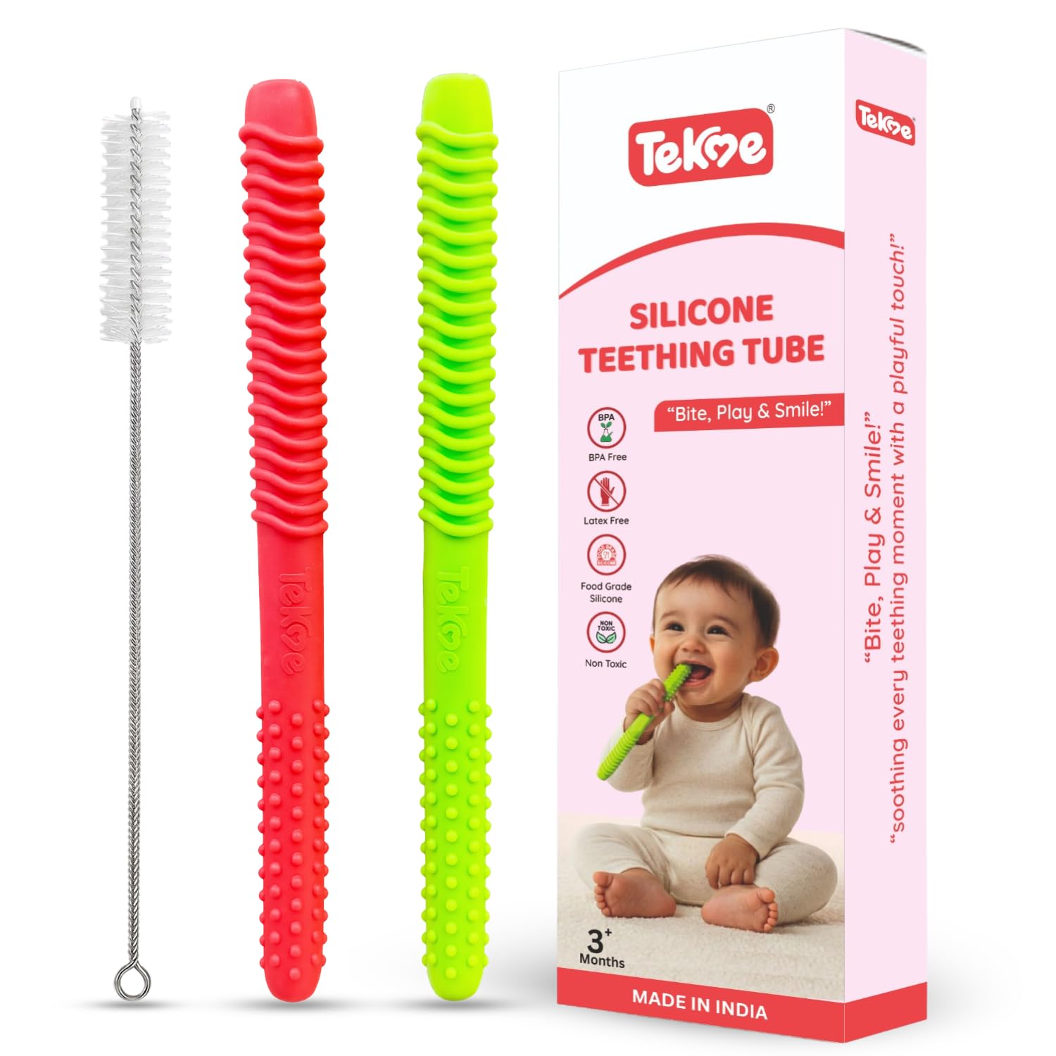Tekme Made in India Silicone Tube Teething Toys for Babies | BPA Free Soft Baby Teether for 3-12 Months | Sensory Chew Tubes for Soothing & Gum Massage | (Pack of 2) with Cleaning Brush