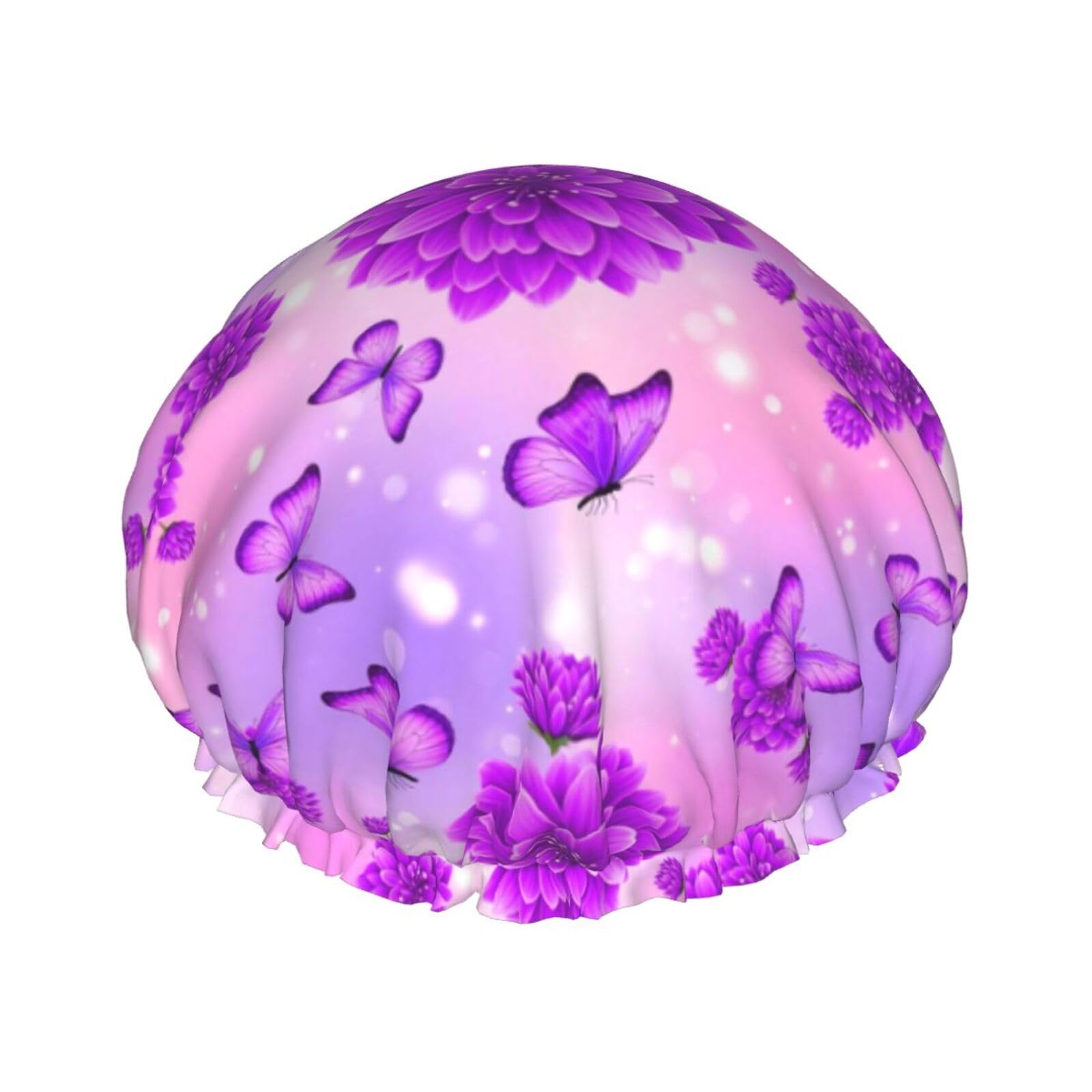 Shower Caps Adjustable Bath Caps with Durable Hair Bonnet butterfly Purple Flowers Waterproof Hair Cap for All Hair Lengths