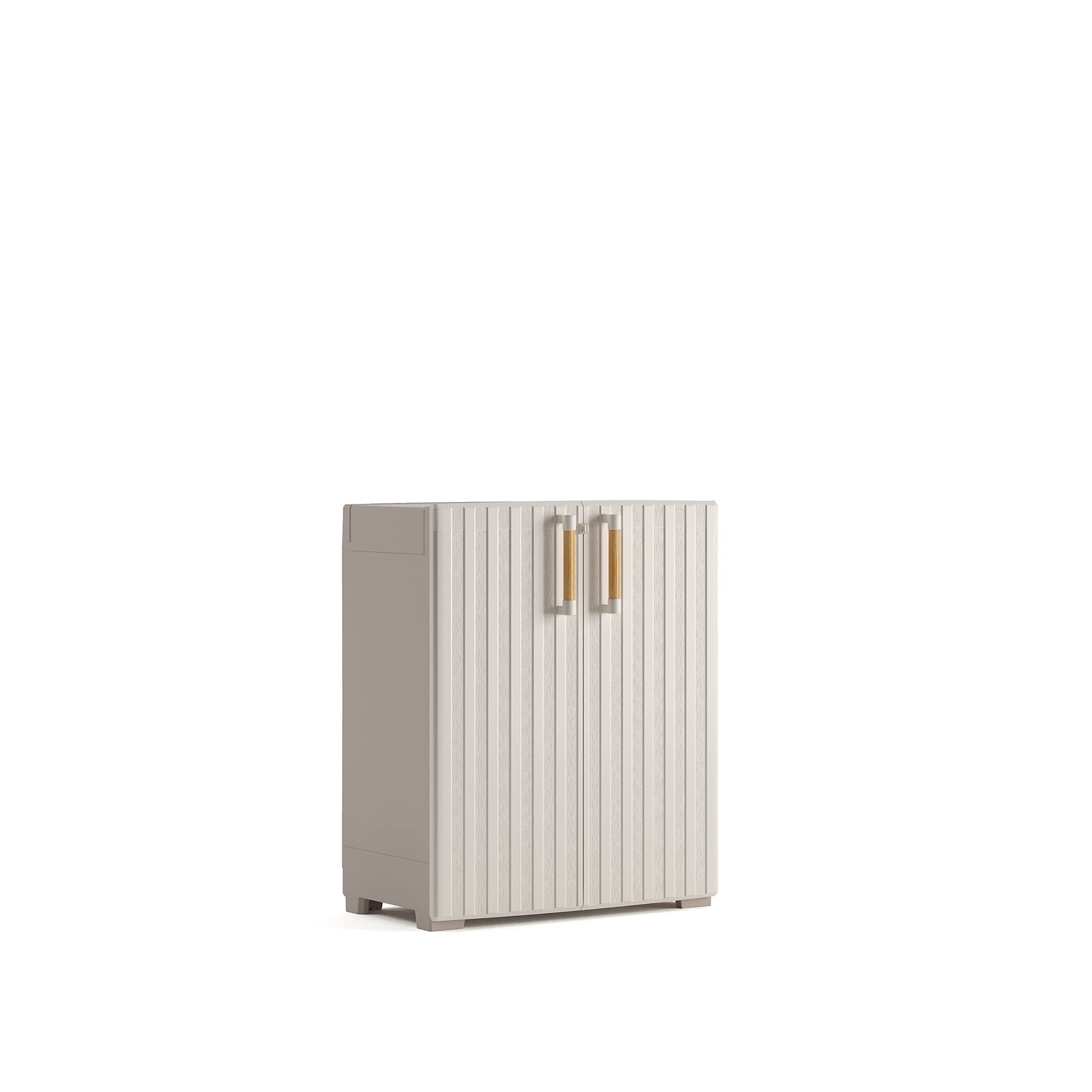 Keter Armoire Groove Faible - 80 cm x 98 cm x 45 cm - Beige - Étanche - Étagères renforcées - Poignées en bois - Pieds réglables - Cadenas - Résine recyclée - Multi-pièces - Extérieur et polyvalent