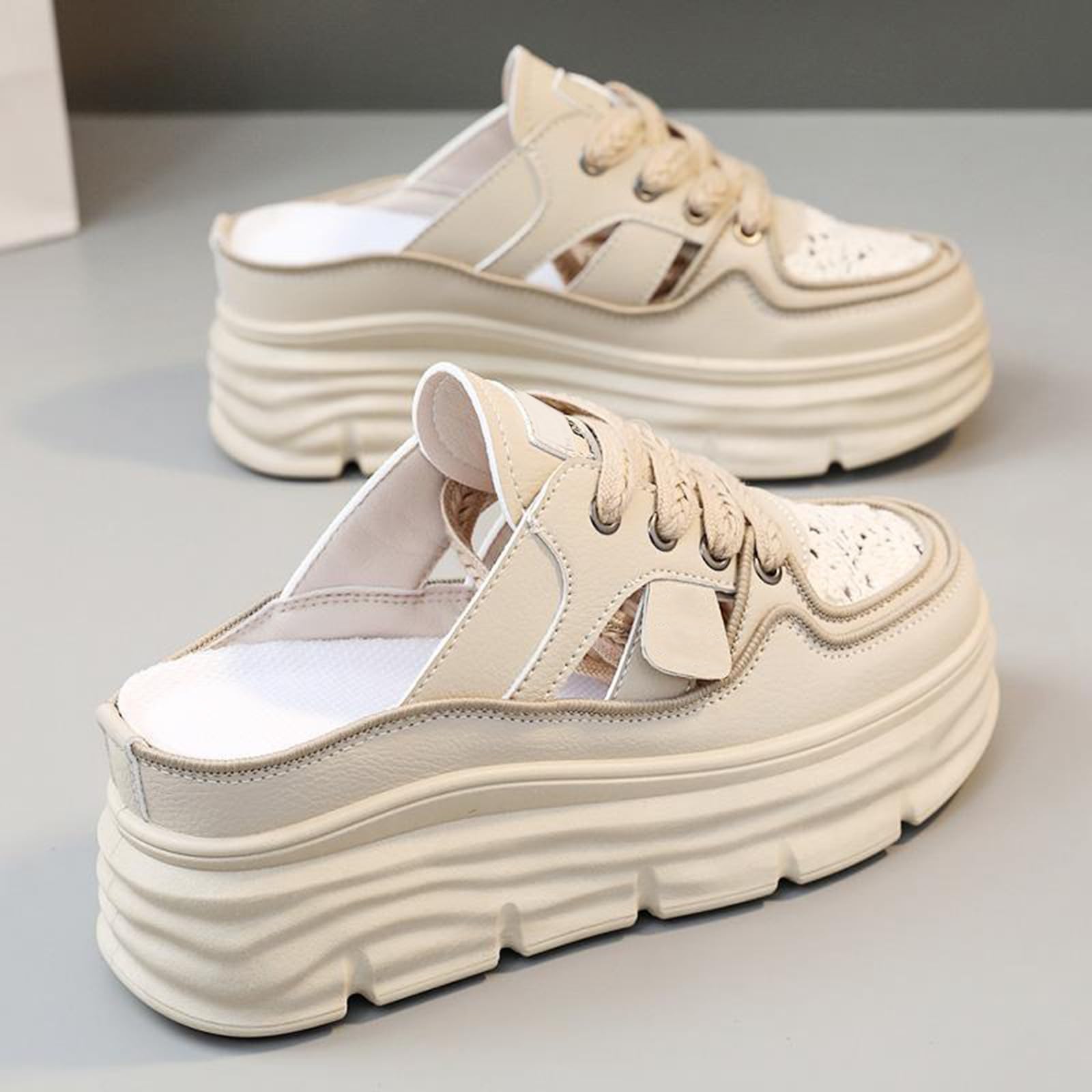 Sabot da donna con plateau, con plateau, beige, stringate, grosse, ritaglio, schiena scoperta, casual, per le date di shopping del fine settimana, cachi, 36 EU