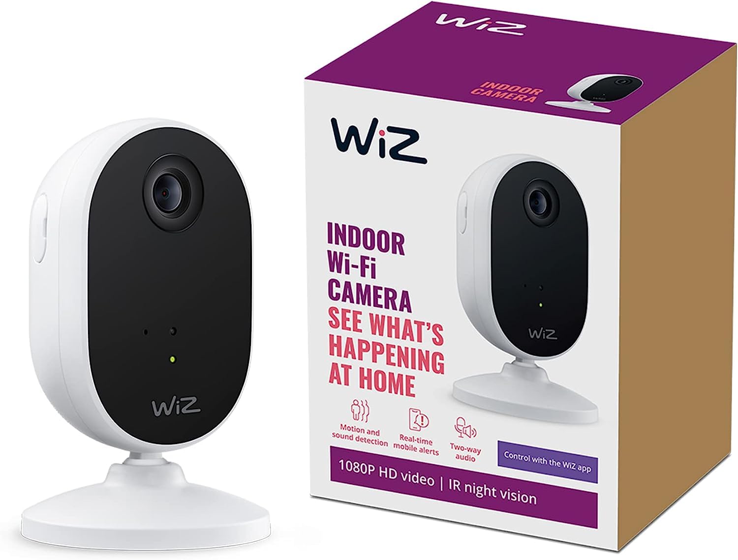 WiZ Indoor Kamera, Sicherheitskamera mit Nachtsicht, Audio, Bewegungs- und Geräuscherkennung, smarte Steuerung über WLAN per Stimme/App, weiß