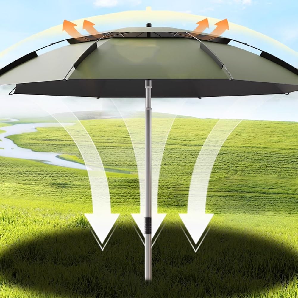 2 Daszkami Parasol Wędkarski z Wentylacją, 220 cm Przenośny Kempingowy Parasol Plażowy Pochylany Składany