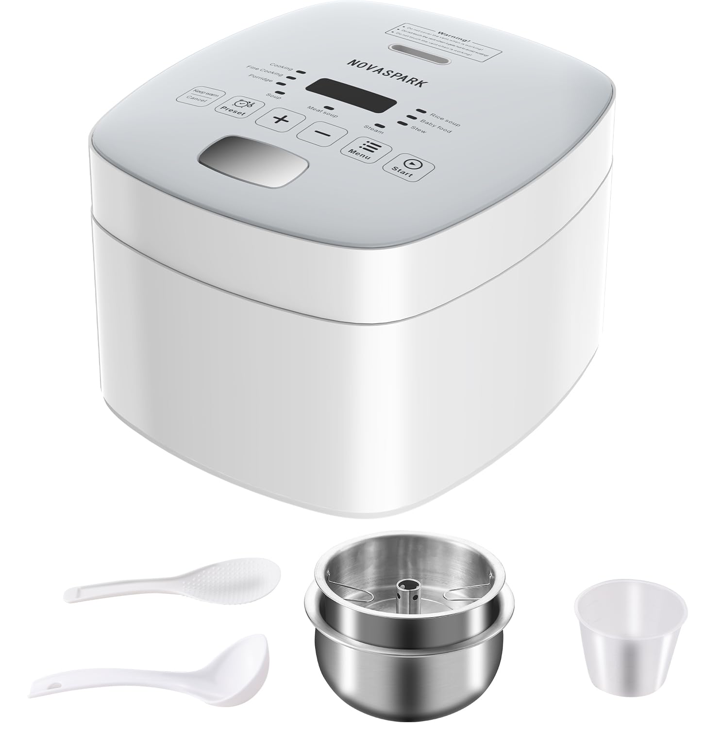 Low Carb Rice Cooker Stainless Steel Inner Pot, Low Sugar Rice Cooker Small 5 Cup, LED Display Rice Robot, 24-Hr Timer and Auto Keep Warm, White Rice/Porridge/Oatmeal/Soup/Steam, White