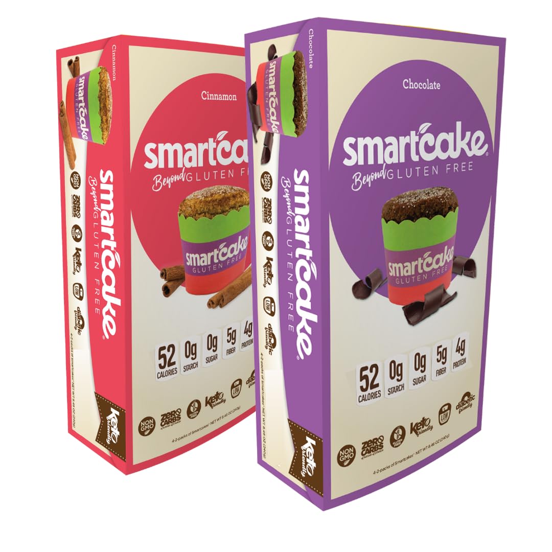 Cinnamon and Chocolate Smartcake bundle: 4 twin-packs of cinnamon and 4 twin-packs of chocolate, gluten free, sugar free, keto snack cakes; 8 twin-packs total