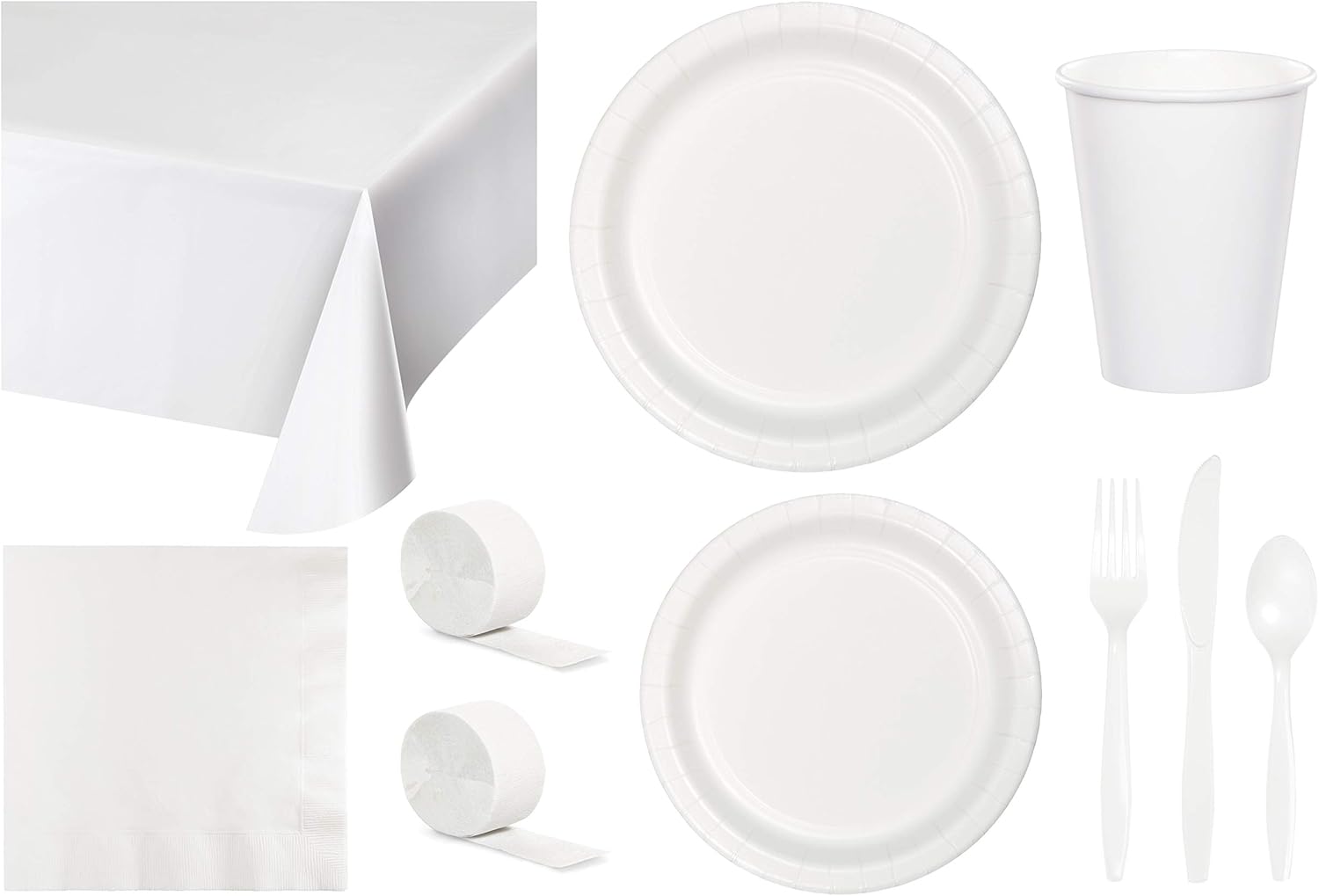 Baxters Party Bundle Bulk, Tableware for 24 People White, 2 Size Plates Napkins, Paper Cups Tablecovers and Cutlery, Box of 199