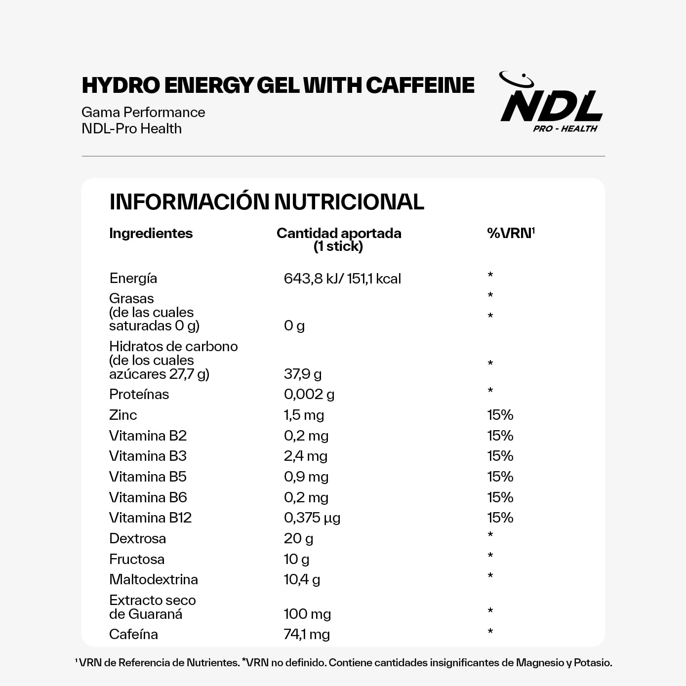 NDL Pro-Health Hydro energy gel | Gel energético para deportistas con carbohidratos y sales minerales | Bajo en azúcar y con cafeína | Aporte energético inmediato | Apertura fácil | COLA | 12x60G