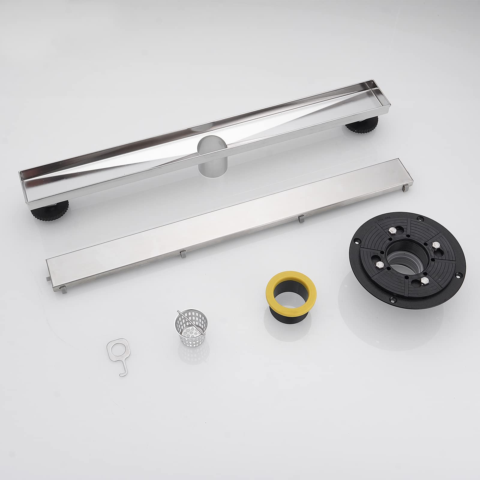 24 Inch Square Shower Floor Drain with Flange Quadrato Pattern Grate Removable Stainless Steel Brushed Nickel SUS 304